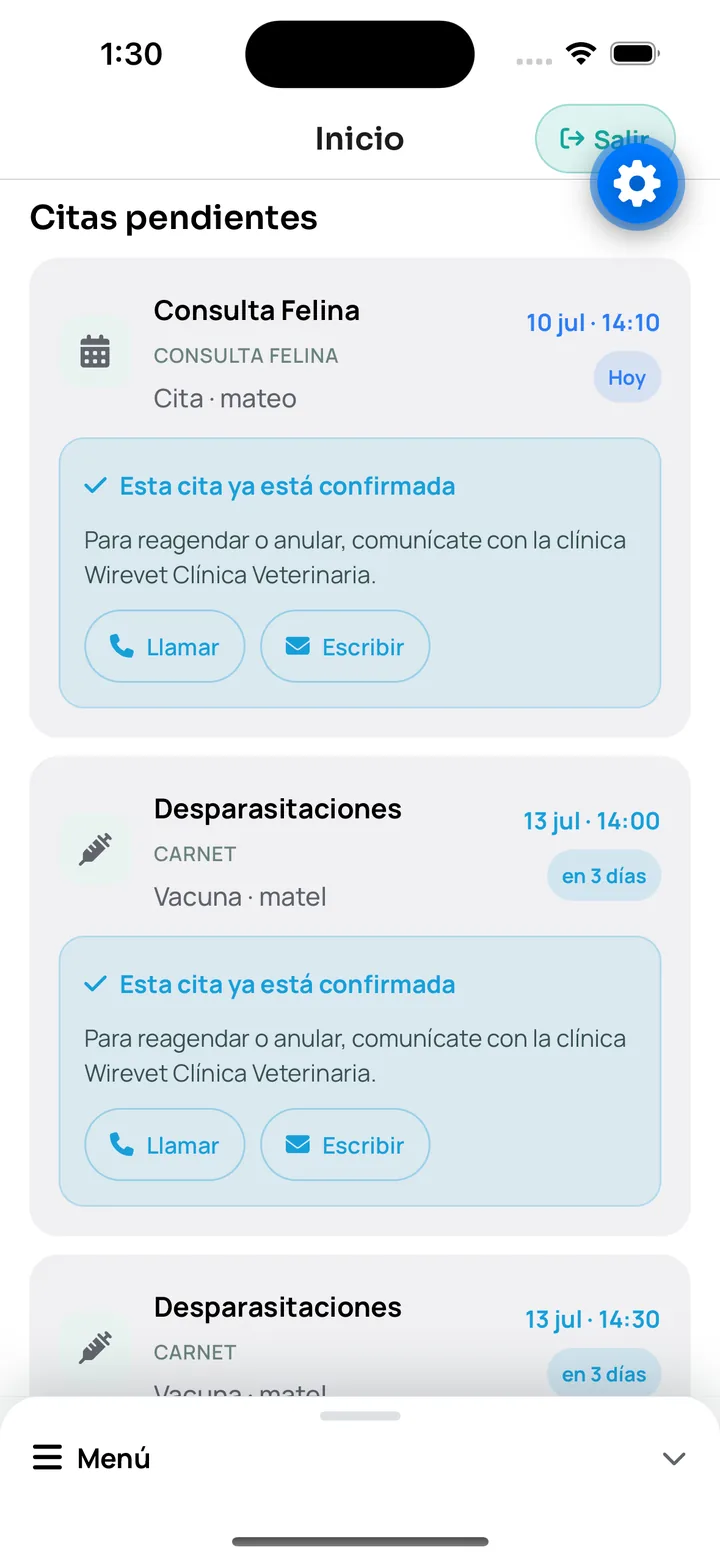 Pantalla de citas de la app WireVet Tutores con las horas confirmadas del tutor