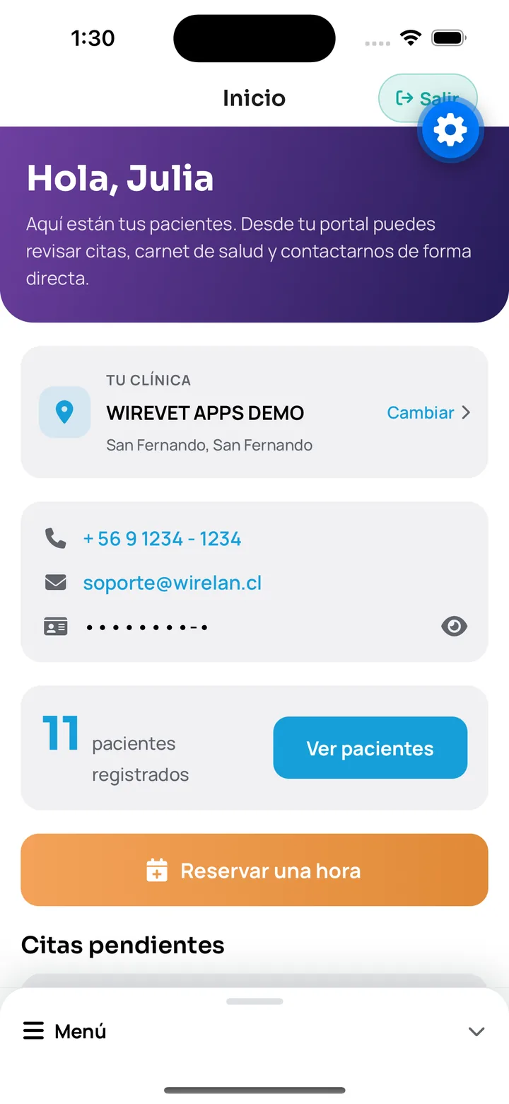 Pantalla de inicio de la app WireVet Tutores con la clínica y las mascotas del tutor