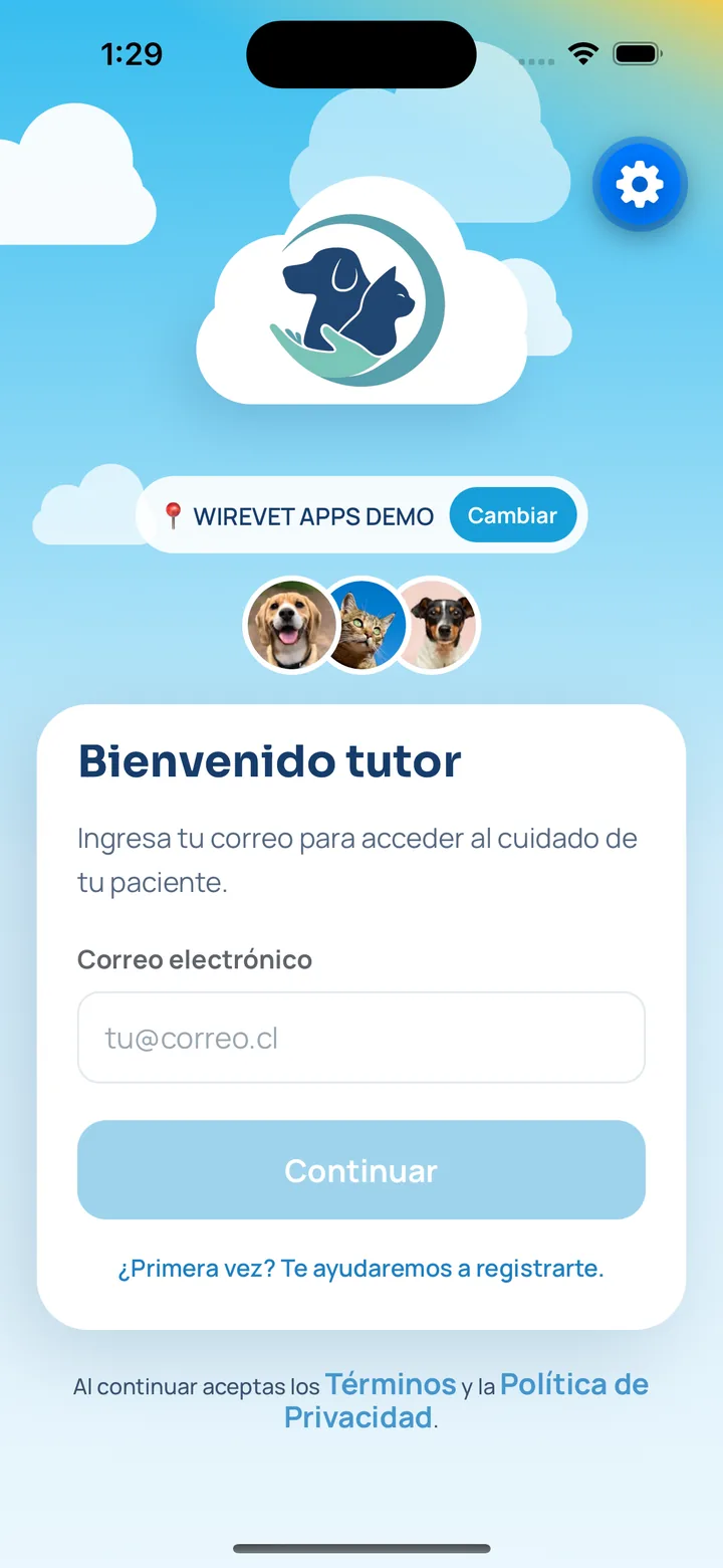 Pantalla de registro e inicio de sesión de la app WireVet Tutores, con verificación segura por código