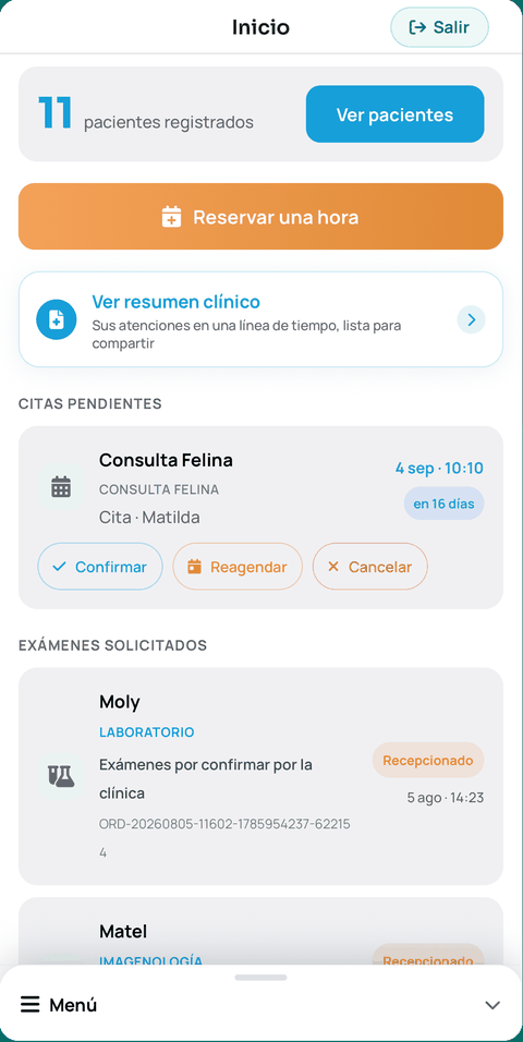 Pantalla de inicio de la app WireVet Tutores: citas pendientes con los botones de confirmar, reagendar y cancelar, y los exámenes solicitados