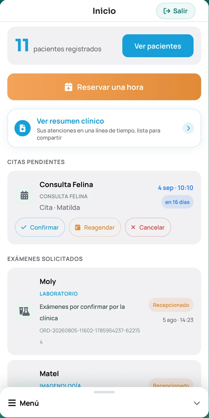 Pantalla de citas de la app WireVet Tutores con los botones para confirmar, reagendar o cancelar una hora reservada