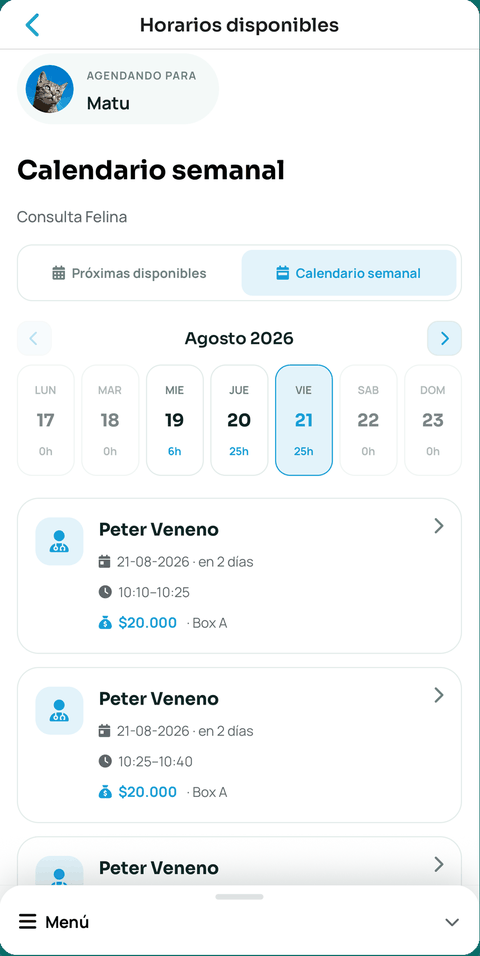 Reserva de hora en la app WireVet Tutores: calendario semanal con las horas libres reales del profesional y los bloques disponibles