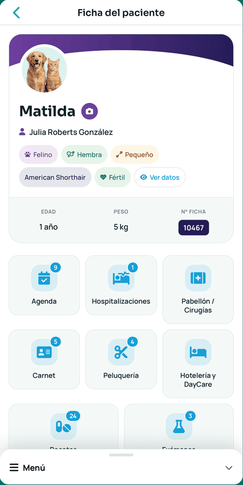 Ficha clínica de una mascota en la app WireVet Tutores con agenda, hospitalizaciones, cirugías, carnet, peluquería, hotelería, recetas y exámenes