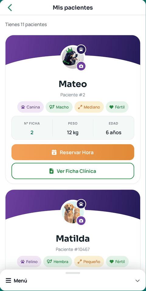 Listado de mascotas del tutor en la app WireVet Tutores, cada una con su foto, su número de ficha, su peso y su edad
