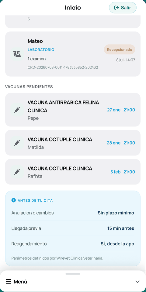 Vacunas pendientes de las mascotas del tutor en la app WireVet Tutores y las condiciones de la clínica antes de la cita: anulación, llegada previa y reagendamiento