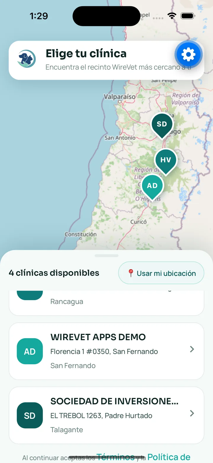 App WireVet Tutores mostrando el mapa para elegir tu clínica de la red WireVet