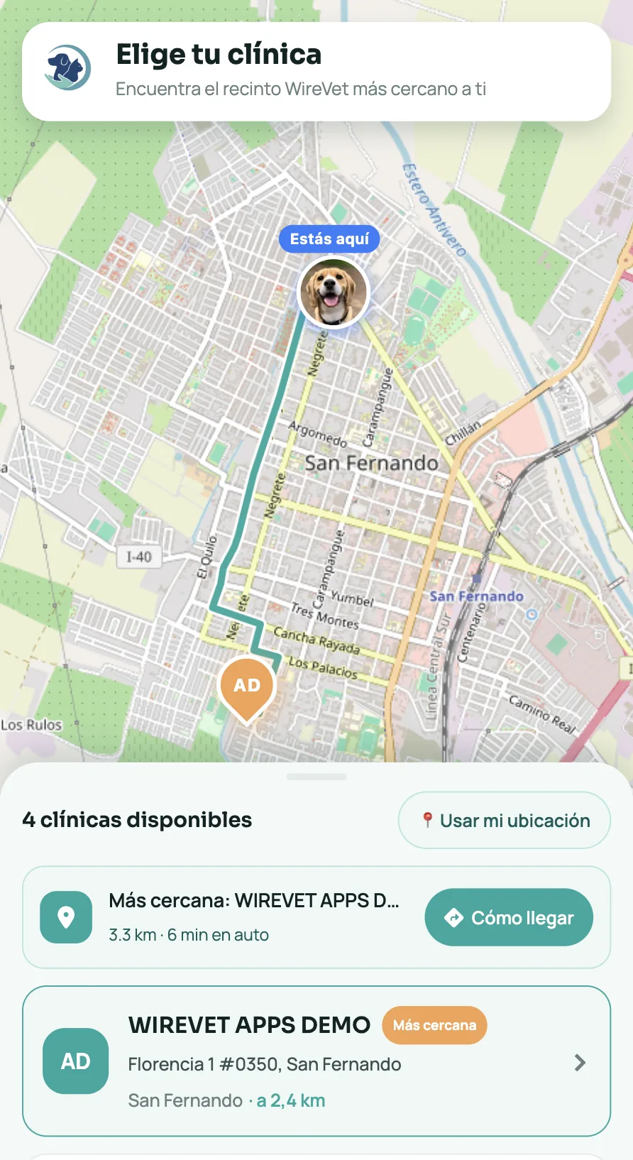 App WireVet Tutores mostrando la clínica veterinaria más cercana en el mapa y la ruta paso a paso para llegar desde la ubicación del tutor