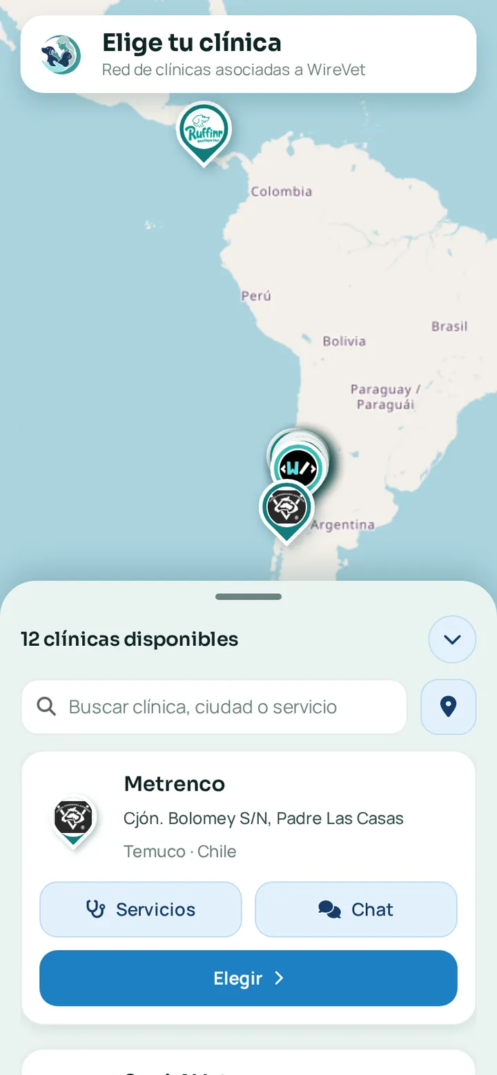 Mapa de la app WireVet Tutores con las clínicas veterinarias de la red y la lista con su dirección, ciudad y país para elegir la tuya