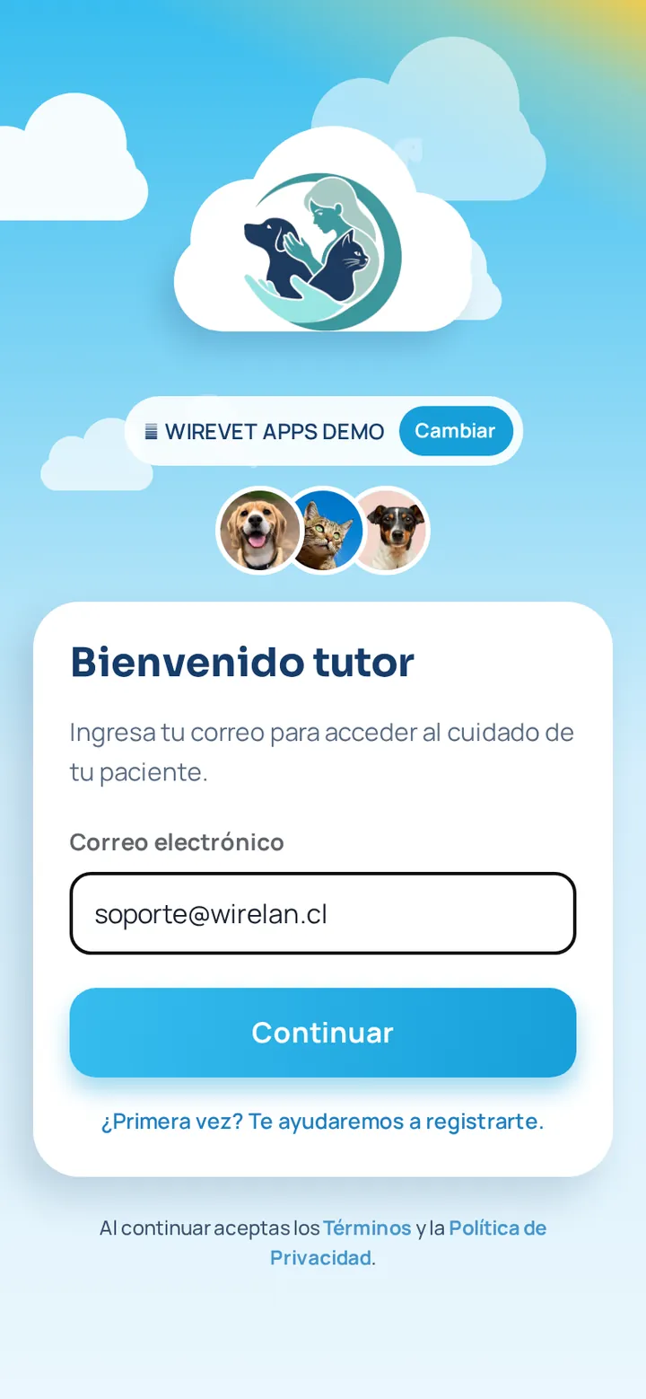 Pantalla de acceso de la app WireVet Tutores pidiendo el correo del tutor, sin contraseña