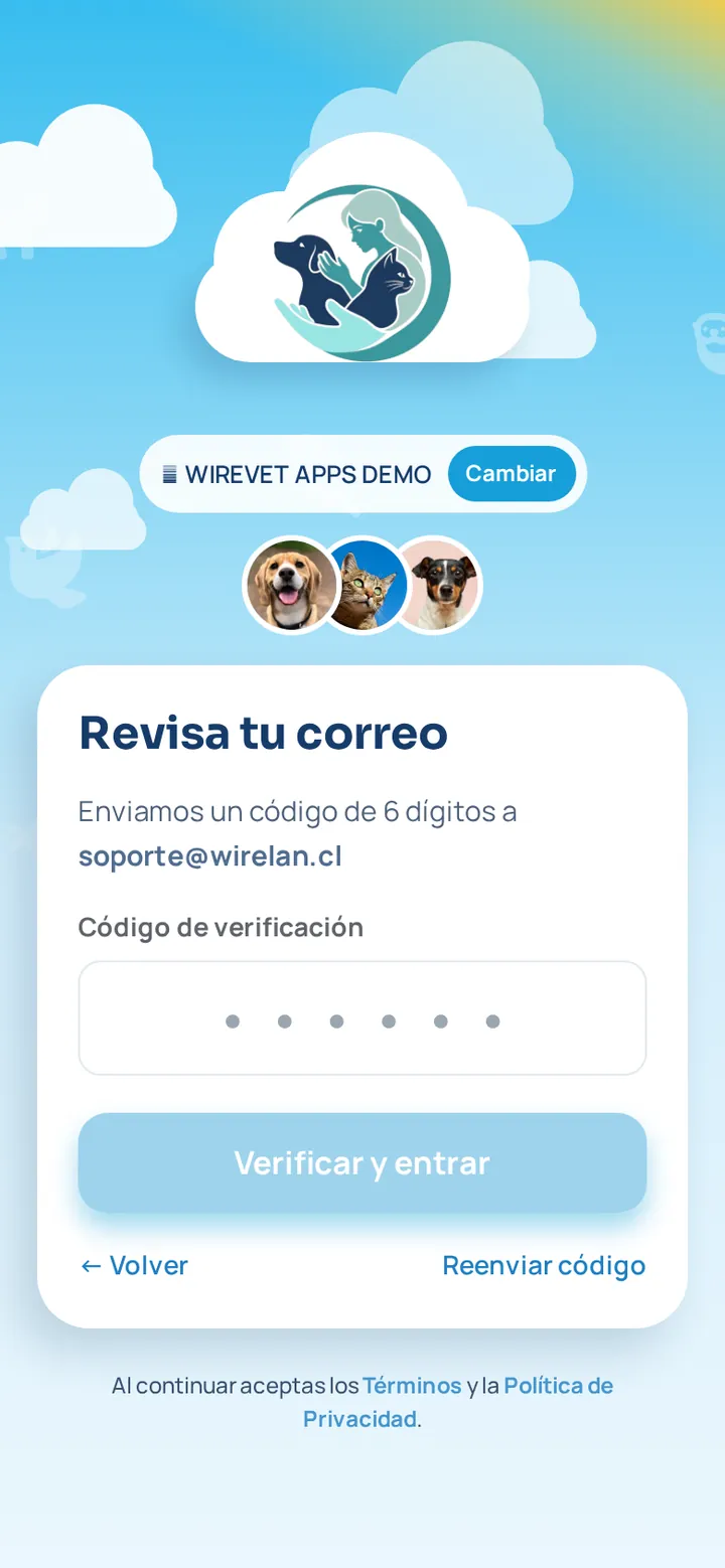 Pantalla de la app WireVet Tutores para escribir el código de 6 dígitos que llega al correo del tutor