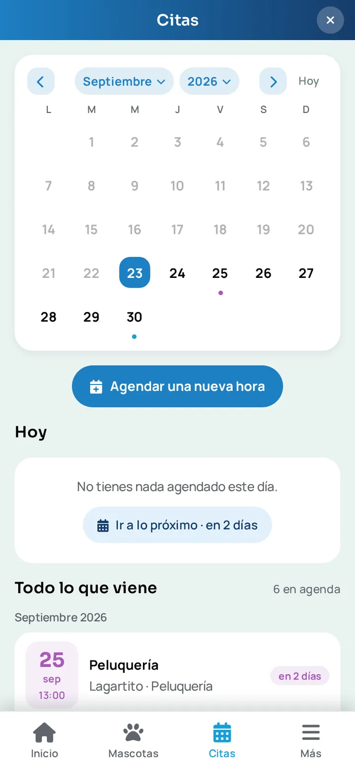 Pantalla de citas de la app WireVet Tutores: el calendario del mes y la lista de todo lo que viene, con los botones para confirmar, reagendar o cancelar cada hora
