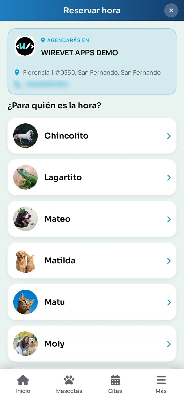 Primer paso de la reserva en la app WireVet Tutores: elegir para cuál de tus mascotas es la hora