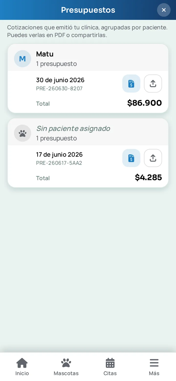 Presupuestos del tutor en la app WireVet Tutores, agrupados por mascota, con fecha, número de documento y total