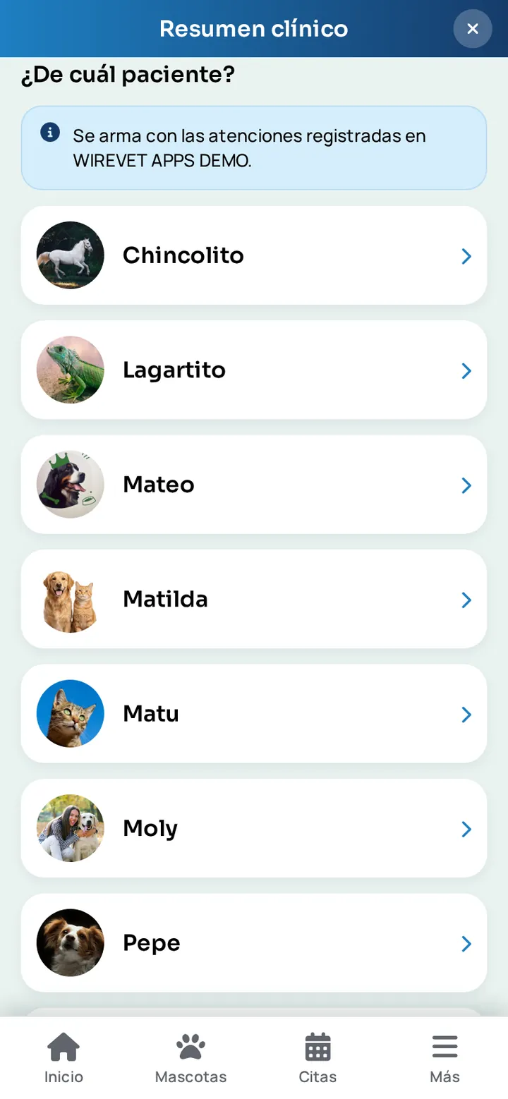 Resumen clínico de una mascota en la app WireVet Tutores, el PDF con sus atenciones para llevarlo a otro veterinario