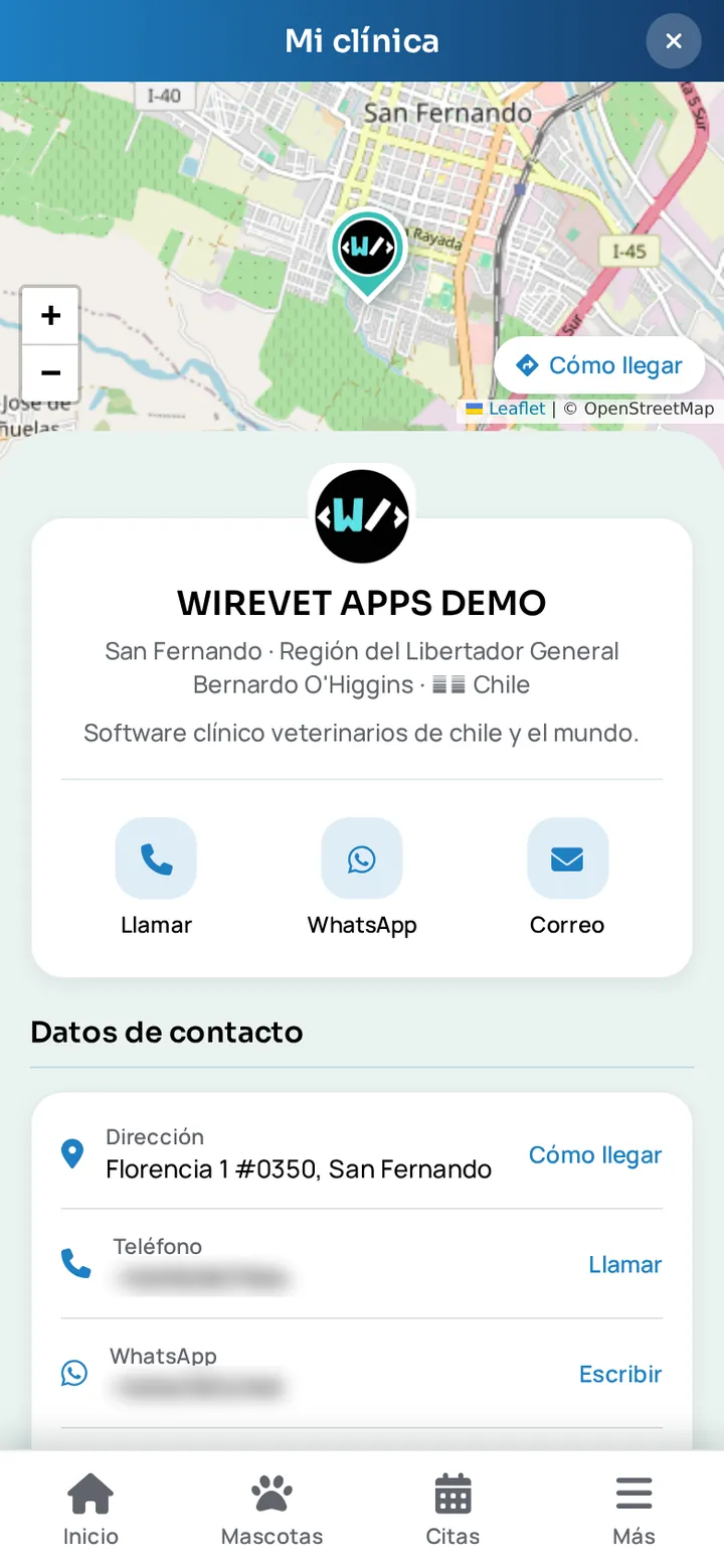Pantalla Mi clínica de la app WireVet Tutores: el mapa del recinto, los botones de llamar, WhatsApp y correo, y los datos de contacto y horarios