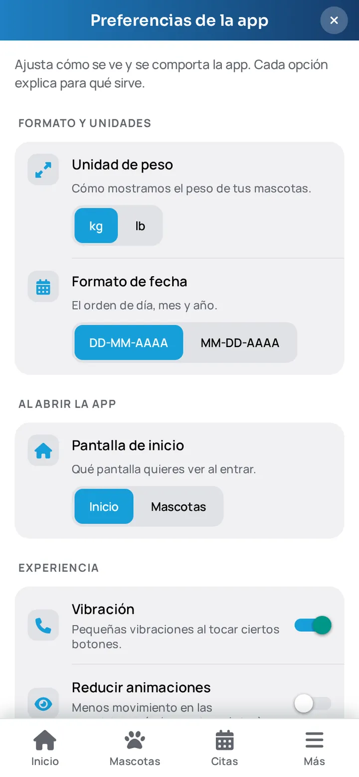 Preferencias de la app WireVet Tutores: unidad de peso, formato de fecha, pantalla de inicio, vibración, animaciones, ocultar el RUT y ahorro de datos