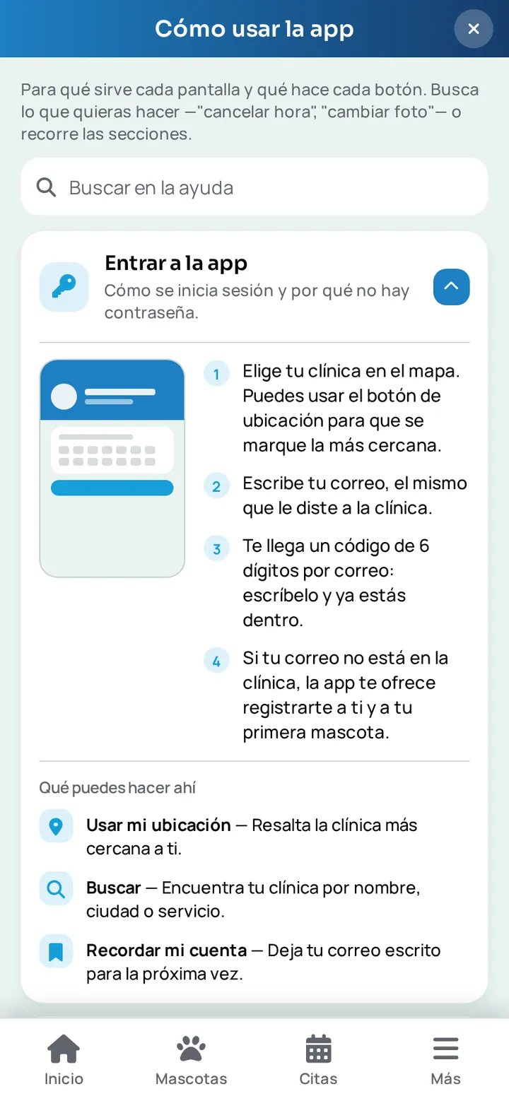 Manual dentro de la app WireVet Tutores: la sección Entrar a la app con su esquema de pantalla, los pasos numerados y la lista de qué puedes hacer ahí