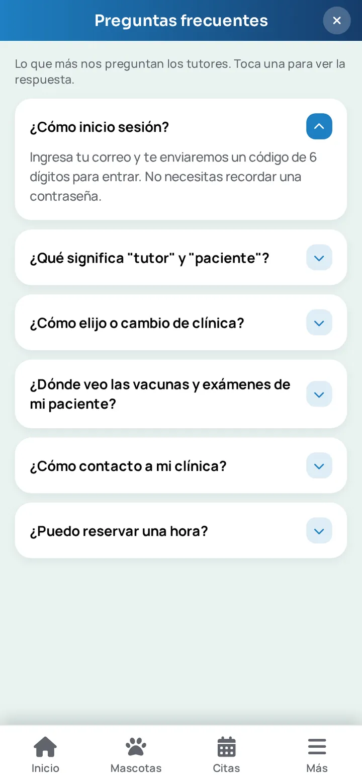 Preguntas frecuentes dentro de la app WireVet Tutores