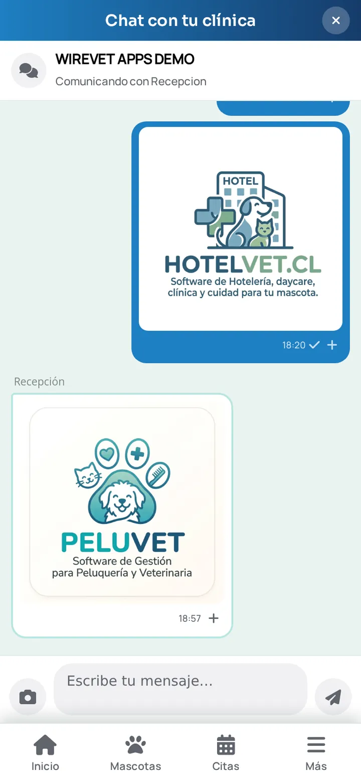 Chat institucional de la app WireVet Tutores: la recepción de la clínica y el tutor conversan dentro de la app, con envío de imágenes