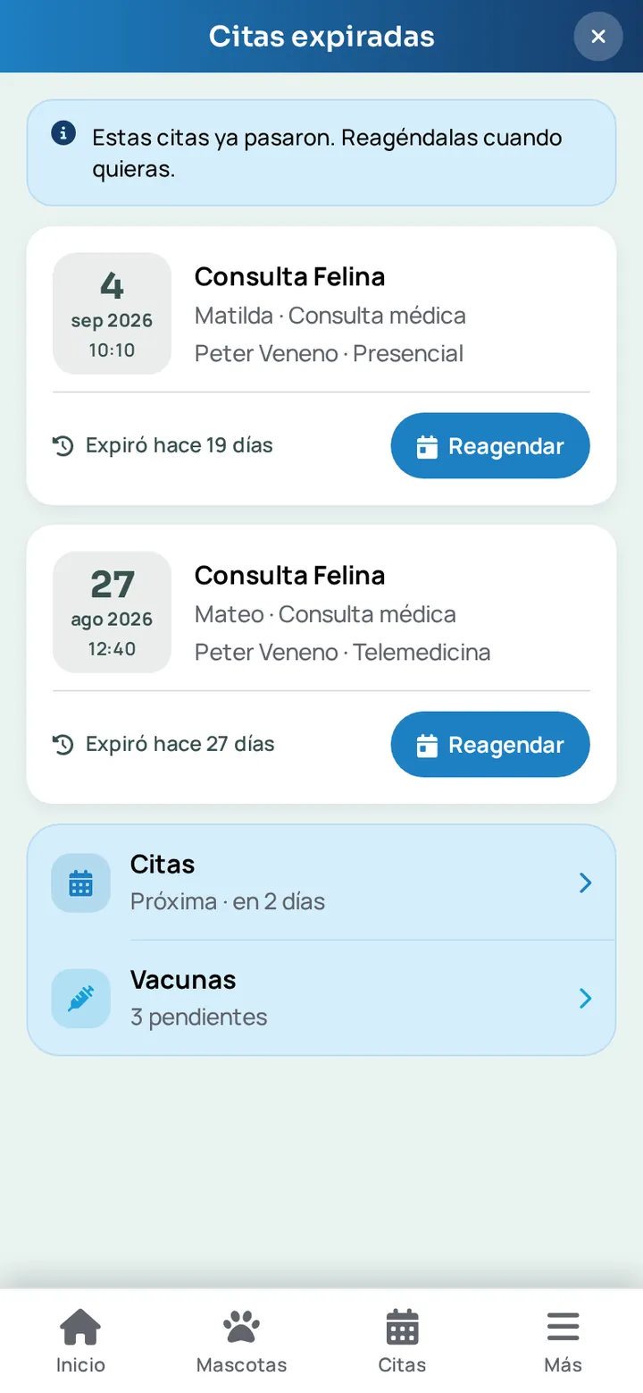 Pantalla de citas expiradas en la app WireVet Tutores, con las horas que ya se pasaron