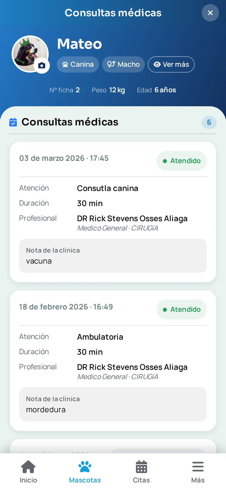 Historial de consultas médicas de una mascota en la app WireVet Tutores, con la fecha, el motivo y el profesional de cada atención
