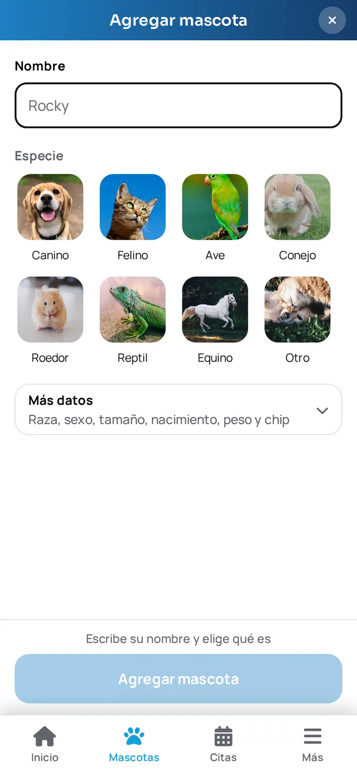 Formulario de la app WireVet Tutores para registrar una mascota nueva con su nombre, especie, raza, sexo y fecha de nacimiento