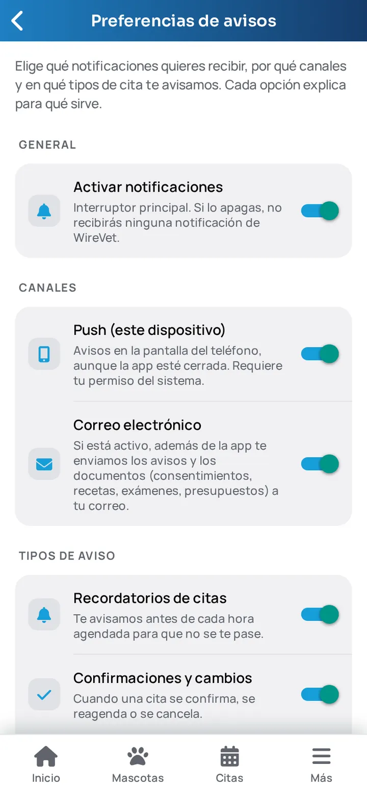 Centro de notificaciones de la app WireVet Tutores, con los interruptores de push y correo y los tipos de aviso que el tutor quiere recibir