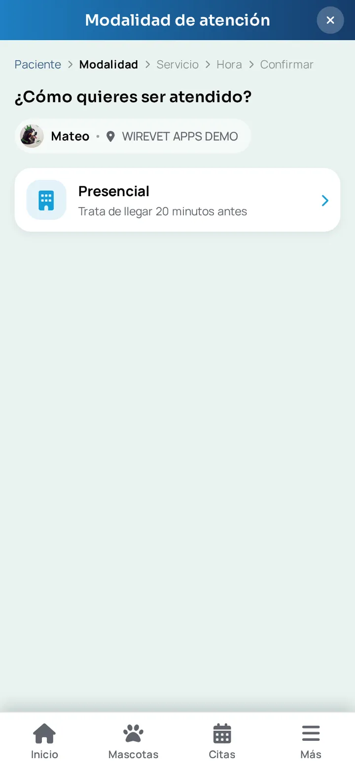 Segundo paso de la reserva en la app WireVet Tutores: elegir la modalidad de atención