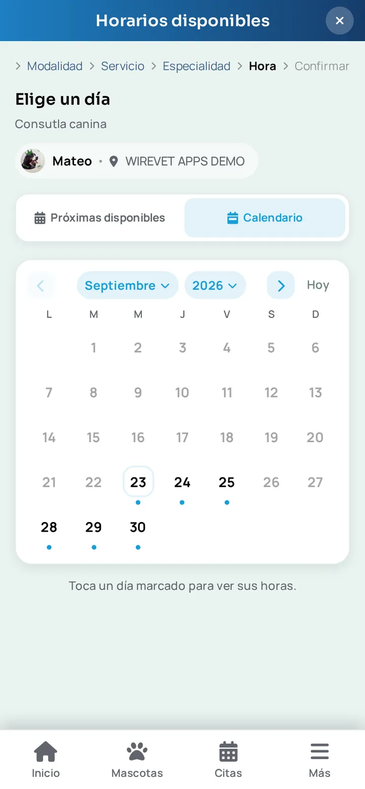 Vista de calendario para reservar hora en la app WireVet Tutores: el mes completo con los días sin cupo apagados