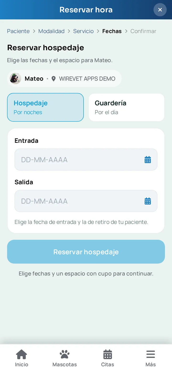Reserva de hospedaje en la app WireVet Tutores: la elección entre hospedaje por noches y guardería por el día, con las fechas de entrada y salida