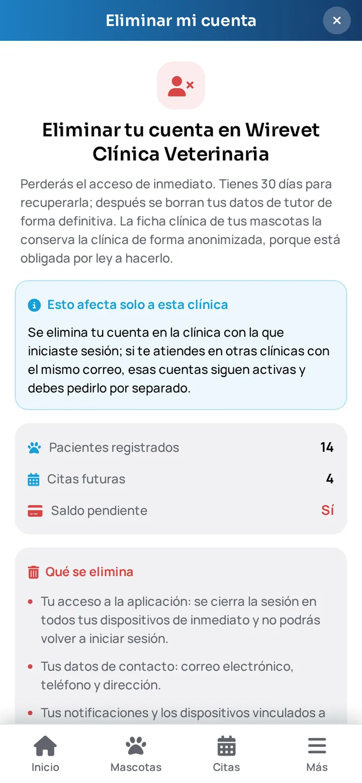 Pantalla para eliminar la cuenta en la app WireVet Tutores, con el detalle de qué se elimina, qué se conserva y la palabra ELIMINAR que hay que escribir para confirmar