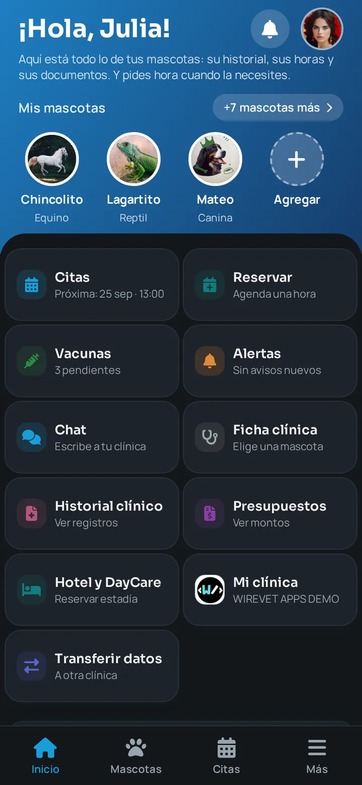 Pantalla de inicio de la app WireVet Tutores en modo noche, con la grilla de accesos sobre fondo oscuro
