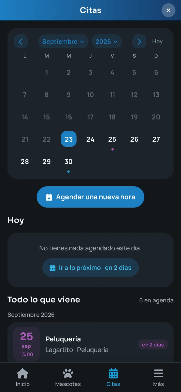 Pantalla de citas de la app WireVet Tutores en modo noche