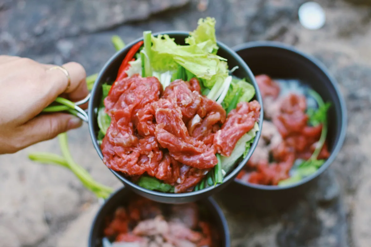 Plato con carne cruda y verduras de una dieta BARF junto a un perro