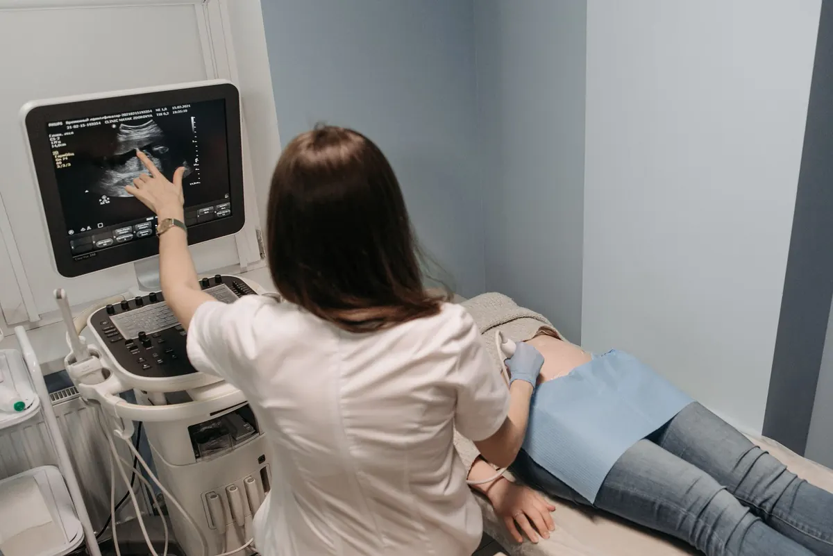 Médica veterinaria realizando una ecografía abdominal a un perro sobre la mesa de examen