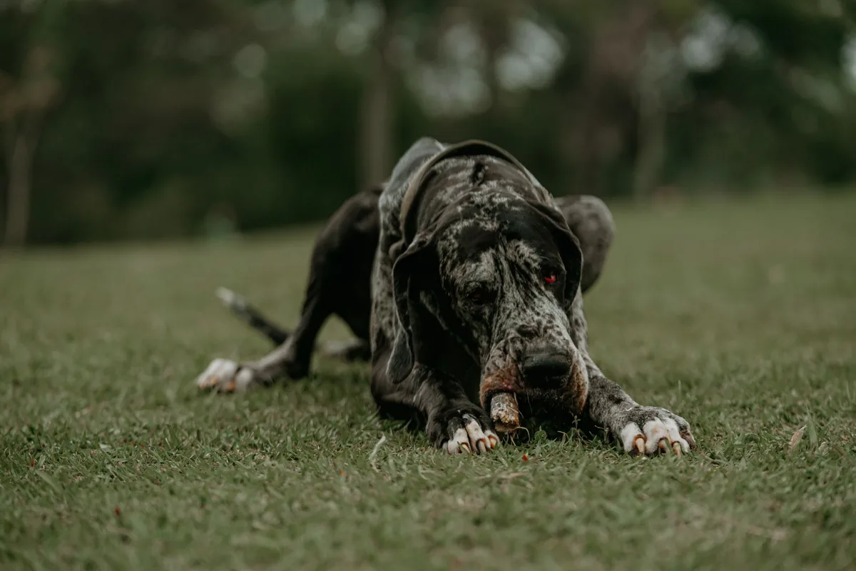 Perro de raza grande caminando al aire libre durante un paseo de rehabilitación
