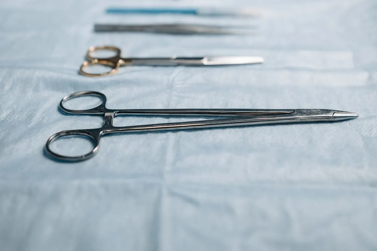 Pinzas y tijeras quirúrgicas de acero ordenadas sobre un paño estéril azul antes de una cirugía veterinaria