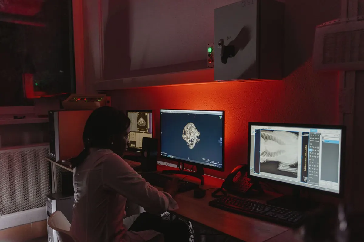Médica veterinaria revisando una radiografía de un paciente en la pantalla de la clínica