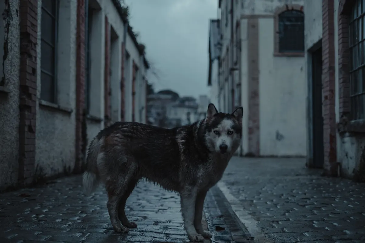 Perro solo caminando por una calle urbana, buscando el camino de vuelta a casa