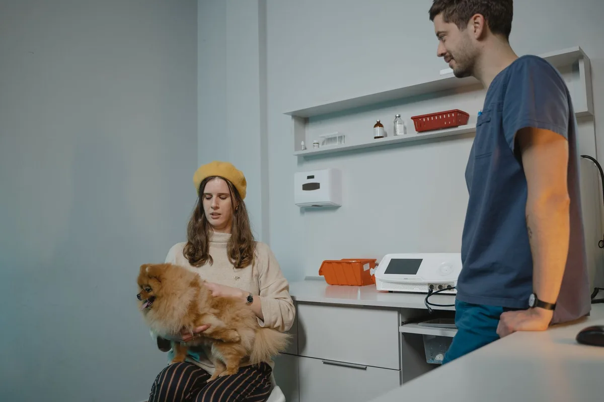 Recepción y sala de espera de una clínica veterinaria con personal atendiendo