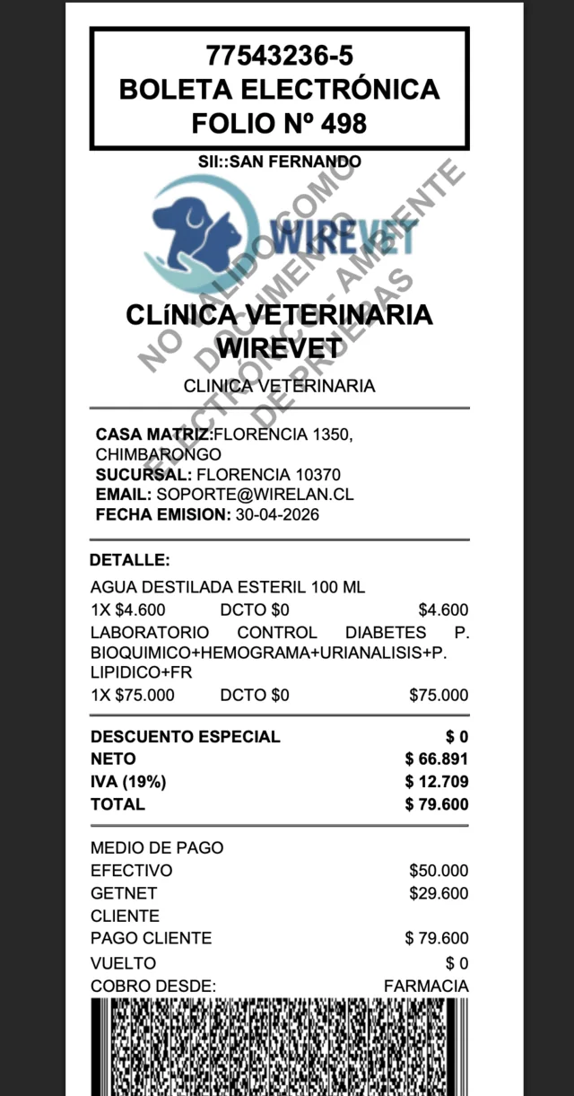 Ejemplo de boleta electrónica emitida desde Wirevet, integrada con el SII