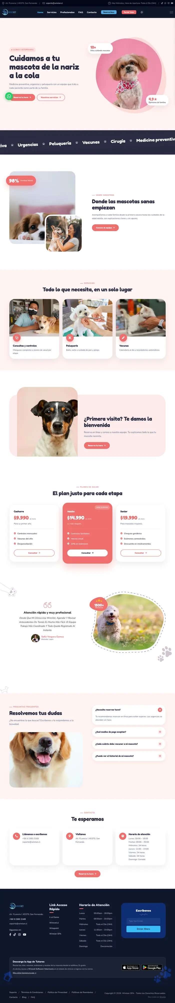 Página completa de una clínica veterinaria creada con la plantilla Amigable y Colorida: portada, servicios, cifras, equipo y contacto