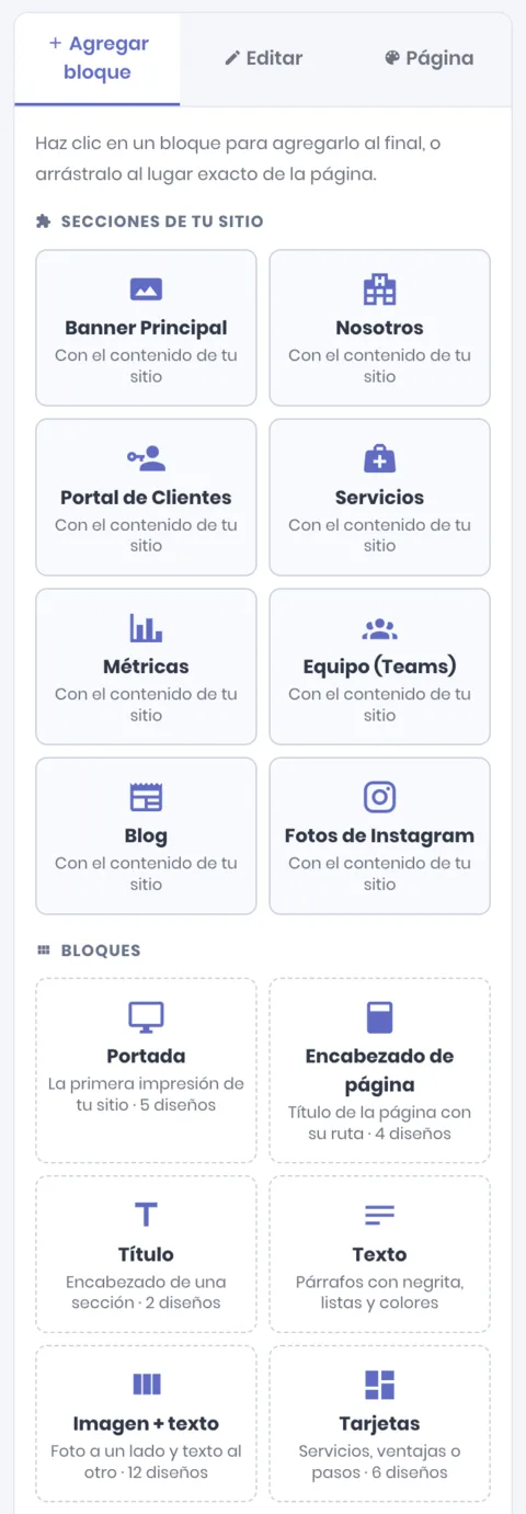 Panel Agregar bloque de Wirevet: arriba las secciones del sitio (Banner principal, Nosotros, Servicios, Equipo, Blog y otras) y abajo los bloques con su cantidad de diseños