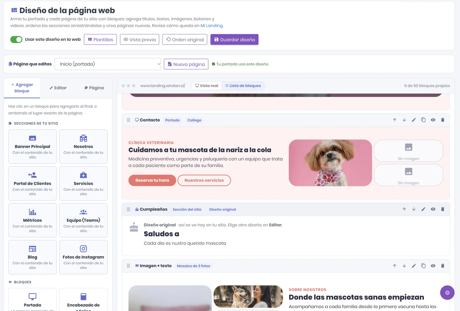Pantalla Diseño de la página web en Wirevet: arriba los botones Plantillas, Vista previa, Orden original y Guardar diseño; a la izquierda el panel Agregar bloque, Editar y Página; a la derecha la página con sus bloques en orden