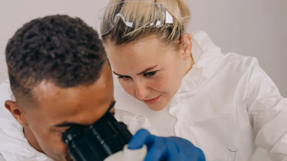 Profesionales de laboratorio analizando muestras con un microscopio