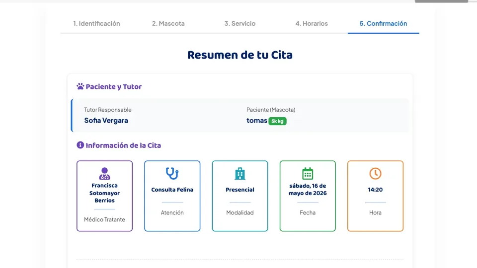 Pantalla de reserva de horas online de Wirevet