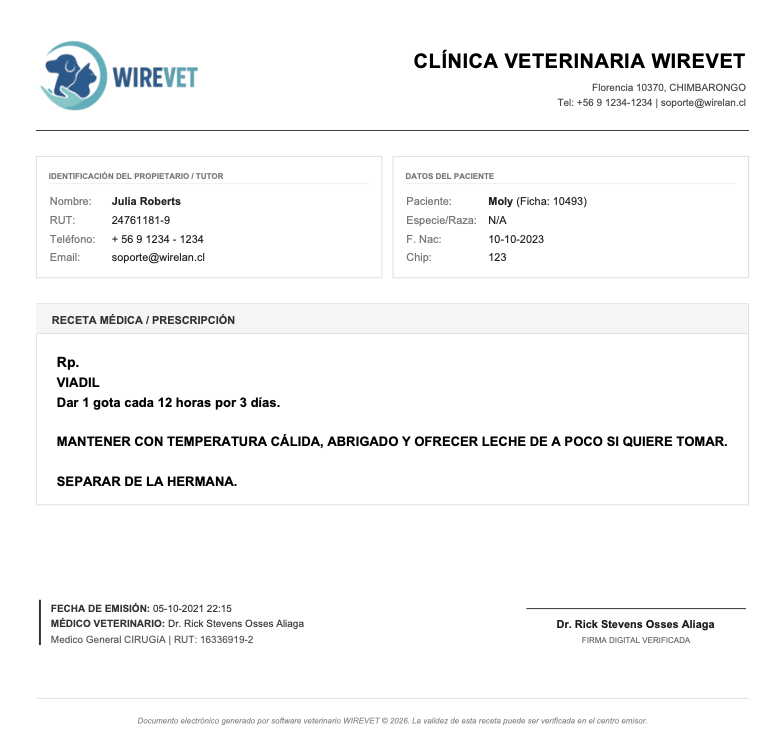Receta electrónica PDF veterinaria Wirevet
